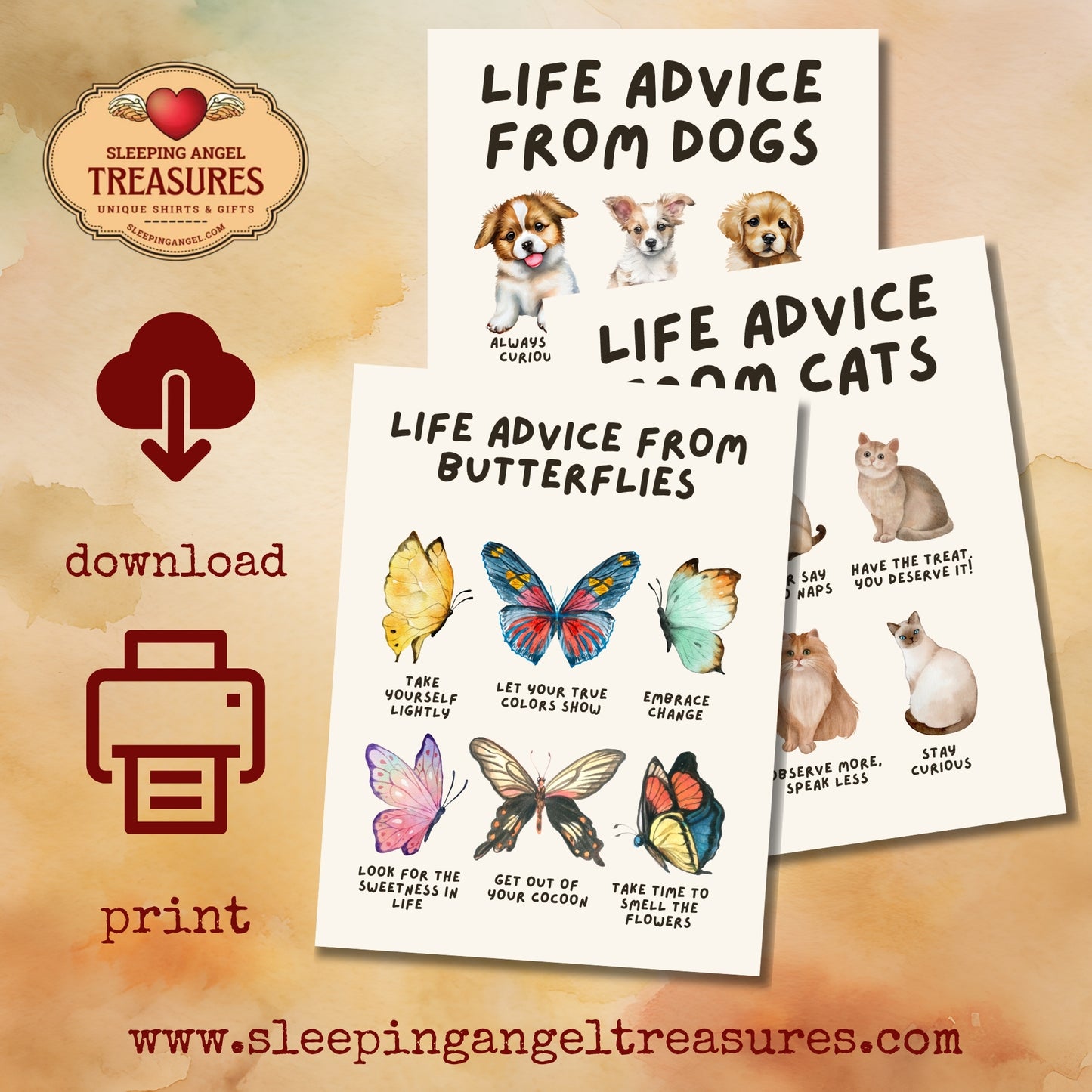 Printable Life Advice from Dogs, Cats, Butterflies Poster Pack - DIGITAL DOWNLOAD