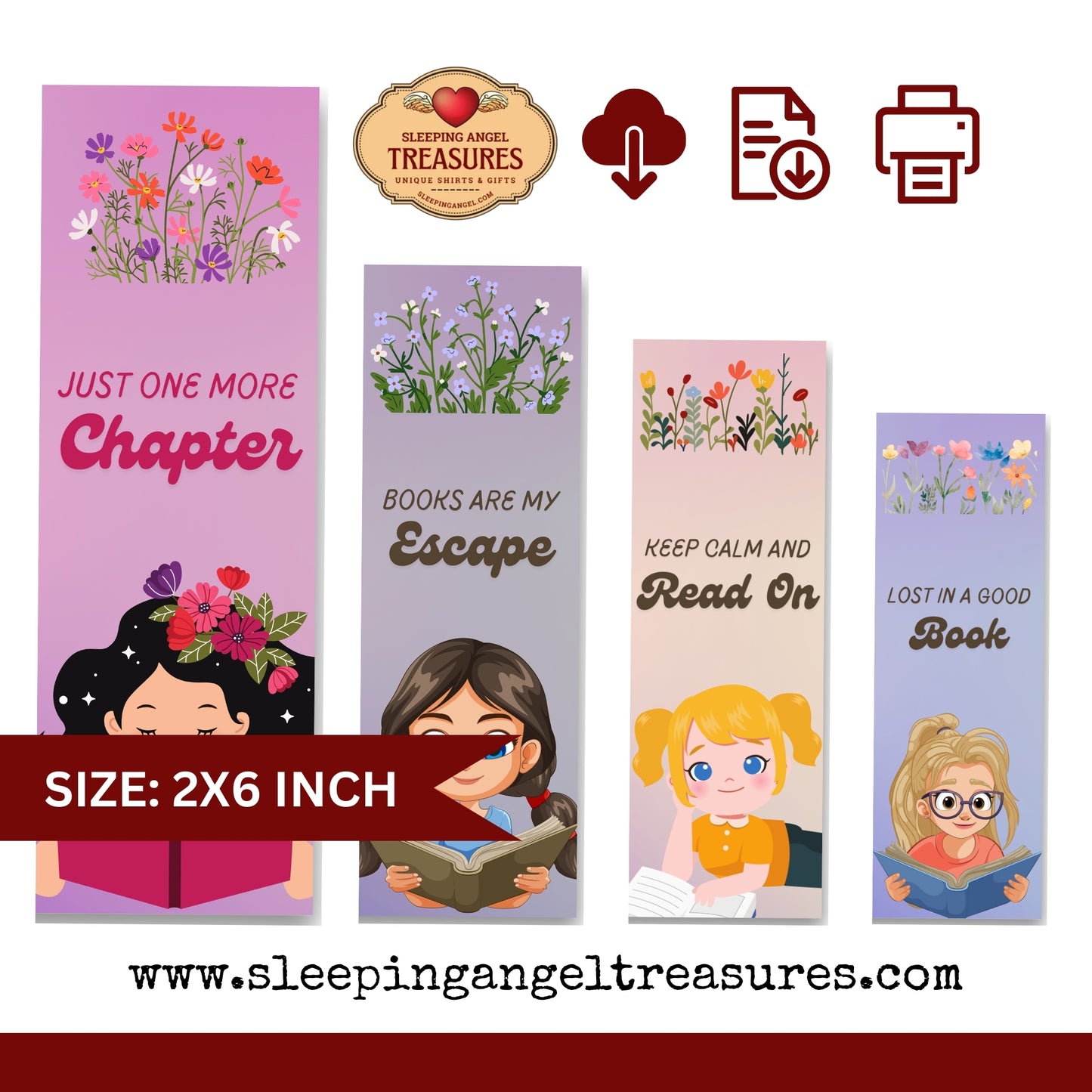 Printable Cute Girl Reading Quotes Bookmarks- DIGITAL DOWNLOAD