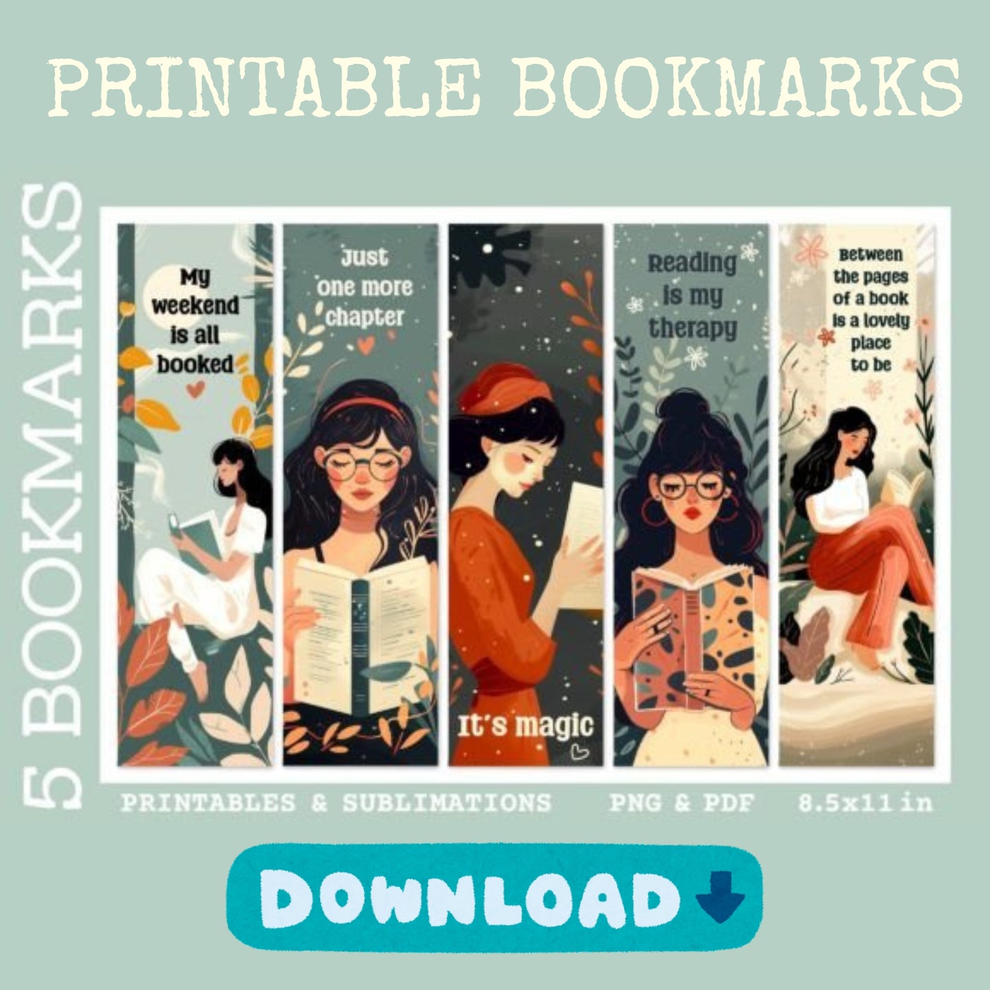 Printable Woman Reading Bookmarks- DIGITAL DOWNLOAD
