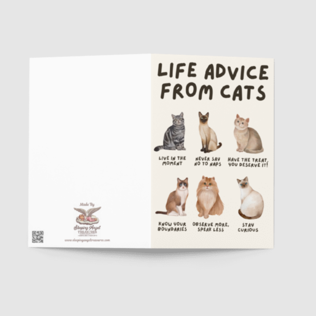 Life Advice from Cats Greeting Card, 4″ × 6″ (BLANK INSIDE)