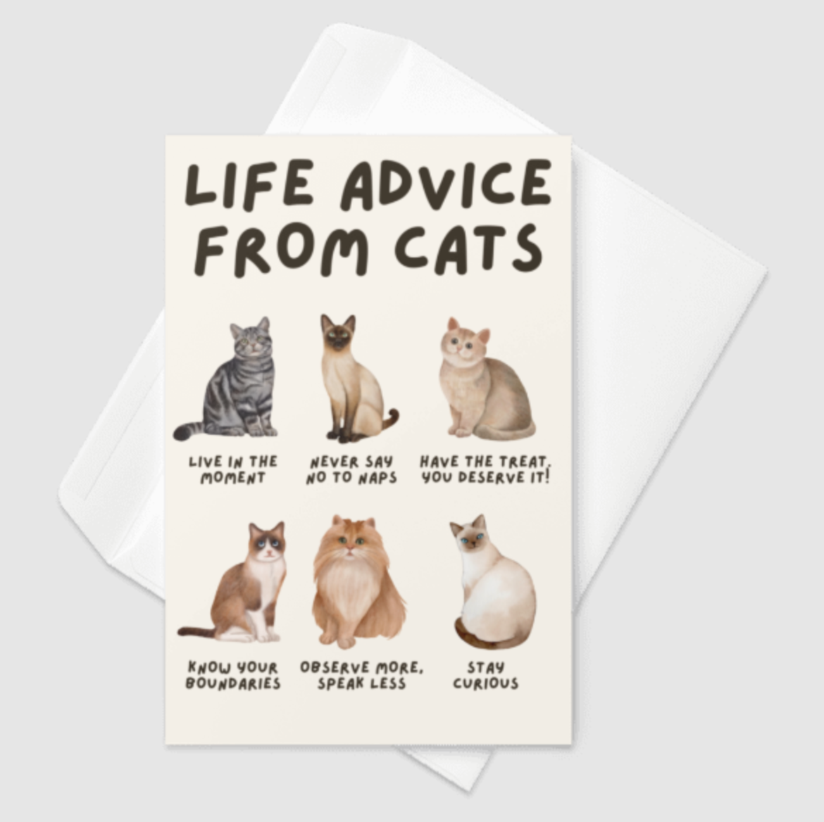Life Advice from Cats Greeting Card, 4″ × 6″ (BLANK INSIDE)