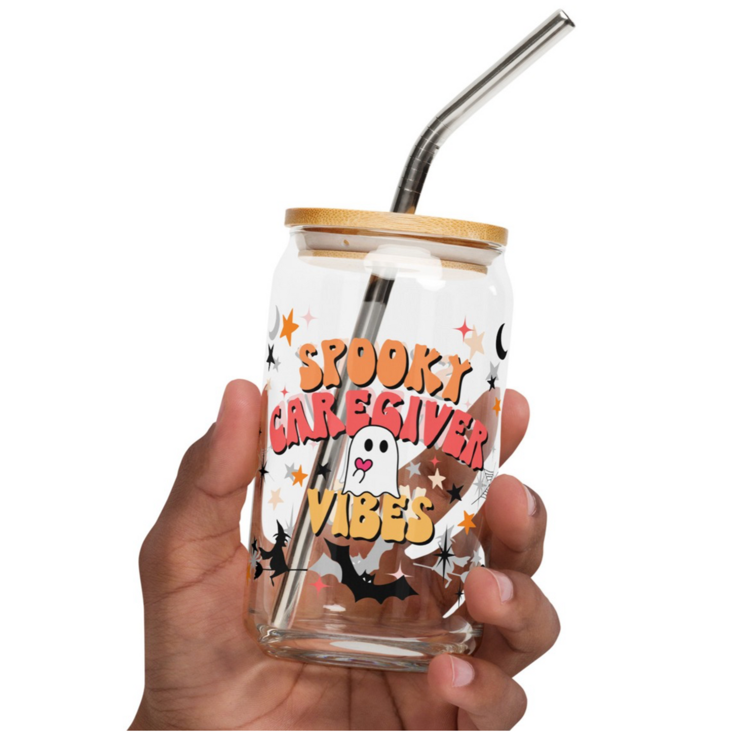Halloween Can Shaped Glass for Caregivers with Lid & Straw