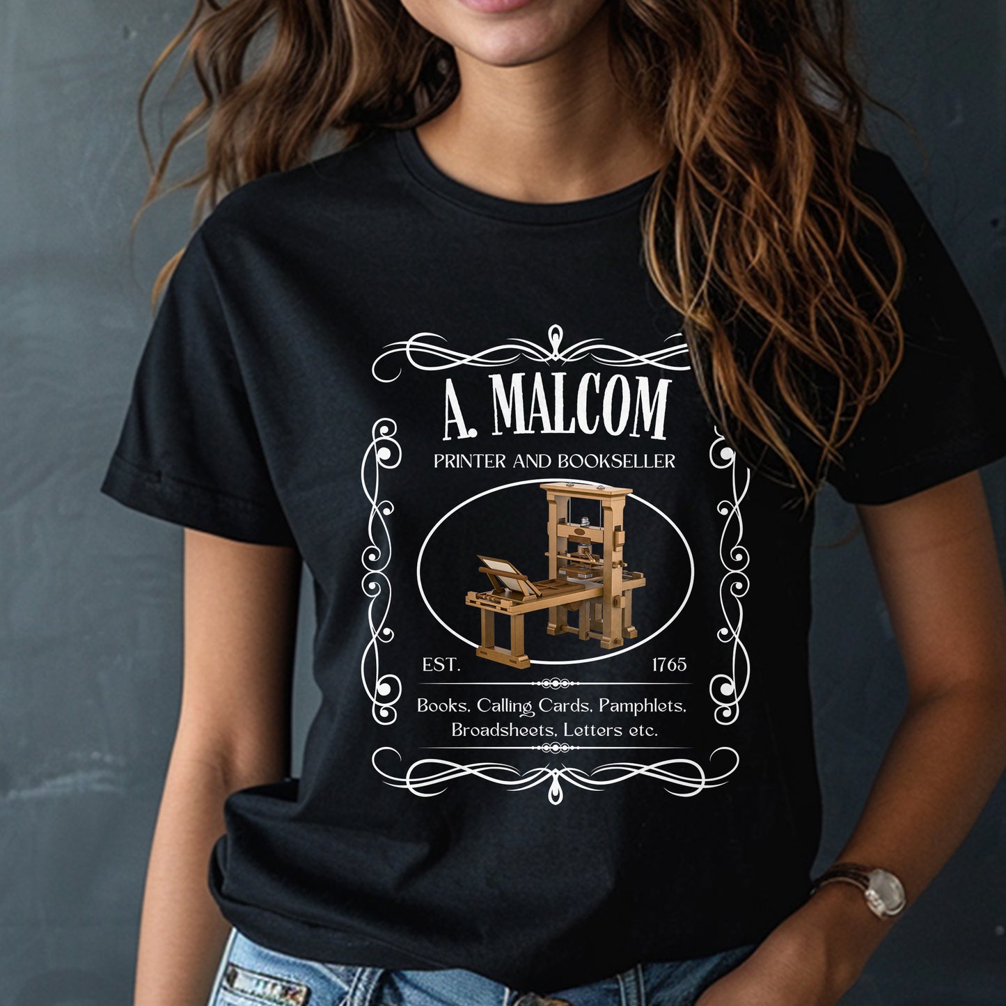 A. Malcolm Printer and Bookseller, Sassenach Tshirt, Outlander Inspired Merch, Jamie Fraser Shirt