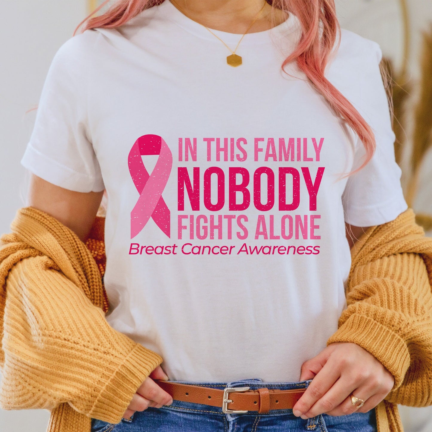 In This Family No One Fights Alone Breast Cancer Awareness T-Shirt