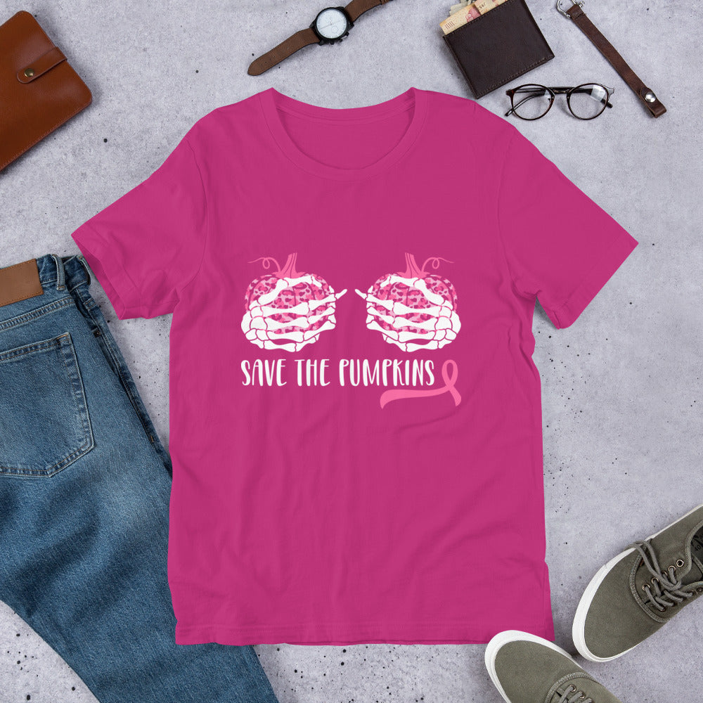 Pink Ribbon, Skeleton Save The Pumpkins, Halloween Cancer Fighter Gift, Hand Bra Tshirt, Breast Cancer Awareness Shirt