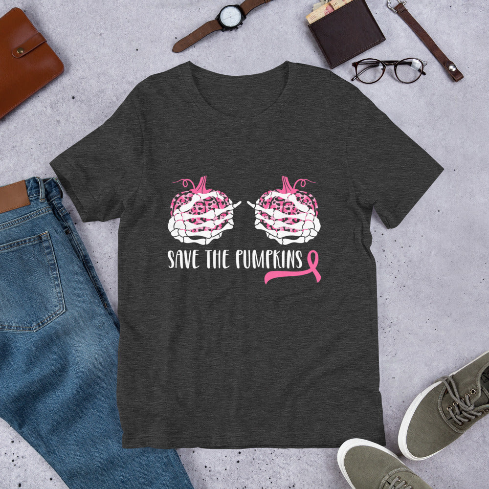 Pink Ribbon, Skeleton Save The Pumpkins, Halloween Cancer Fighter Gift, Hand Bra Tshirt, Breast Cancer Awareness Shirt