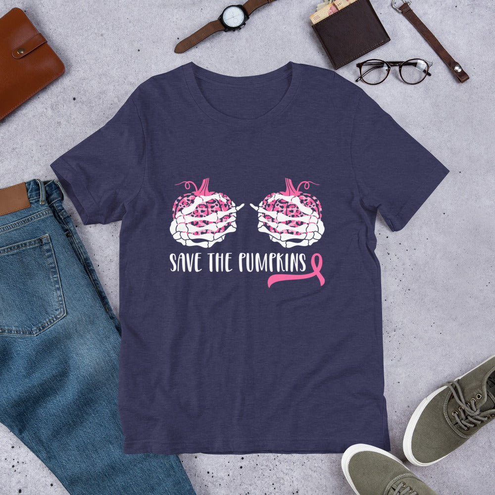 Pink Ribbon, Skeleton Save The Pumpkins, Halloween Cancer Fighter Gift, Hand Bra Tshirt, Breast Cancer Awareness Shirt