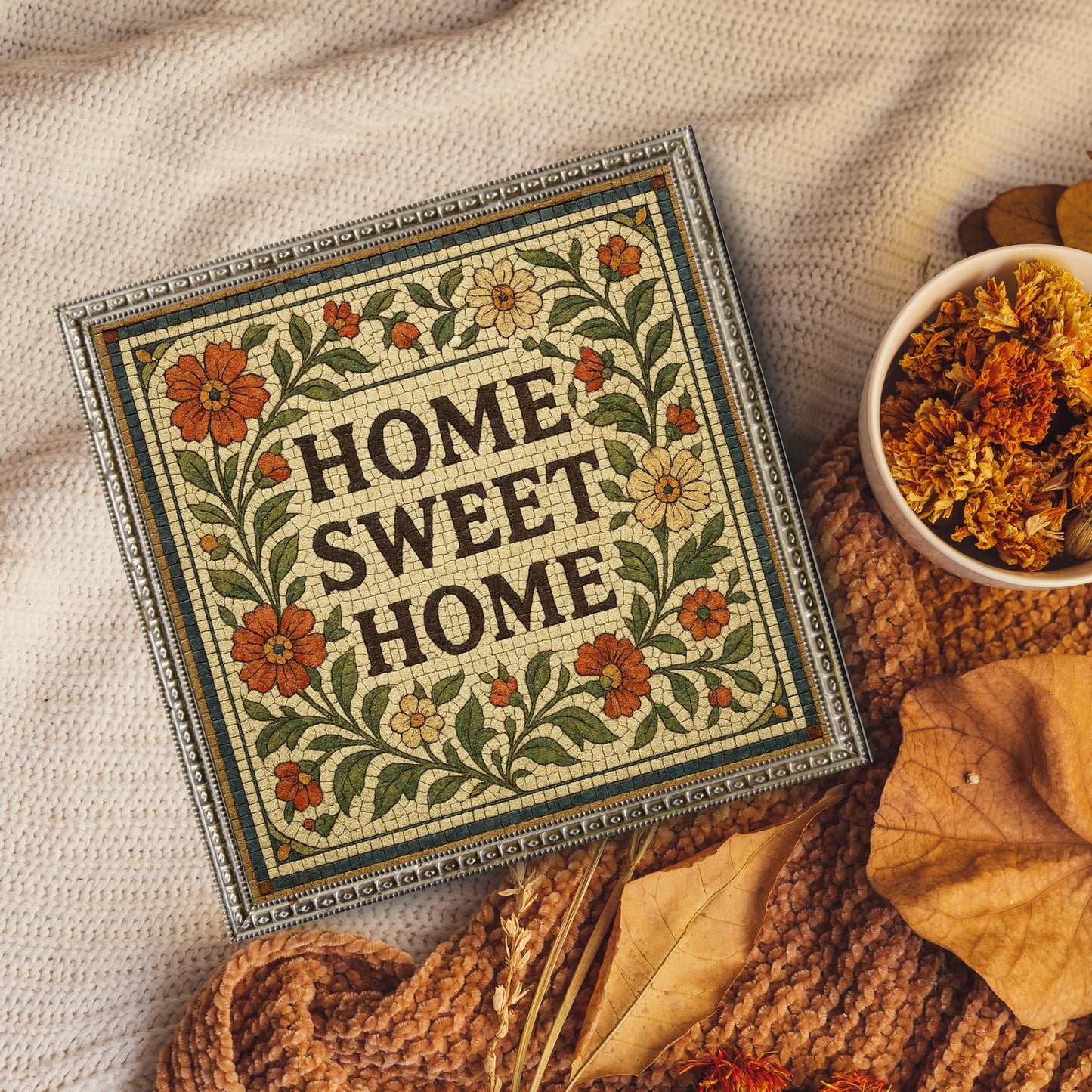 Home Sweet Home Mosaic Vintage Tile Style Floral Poster (unframed)