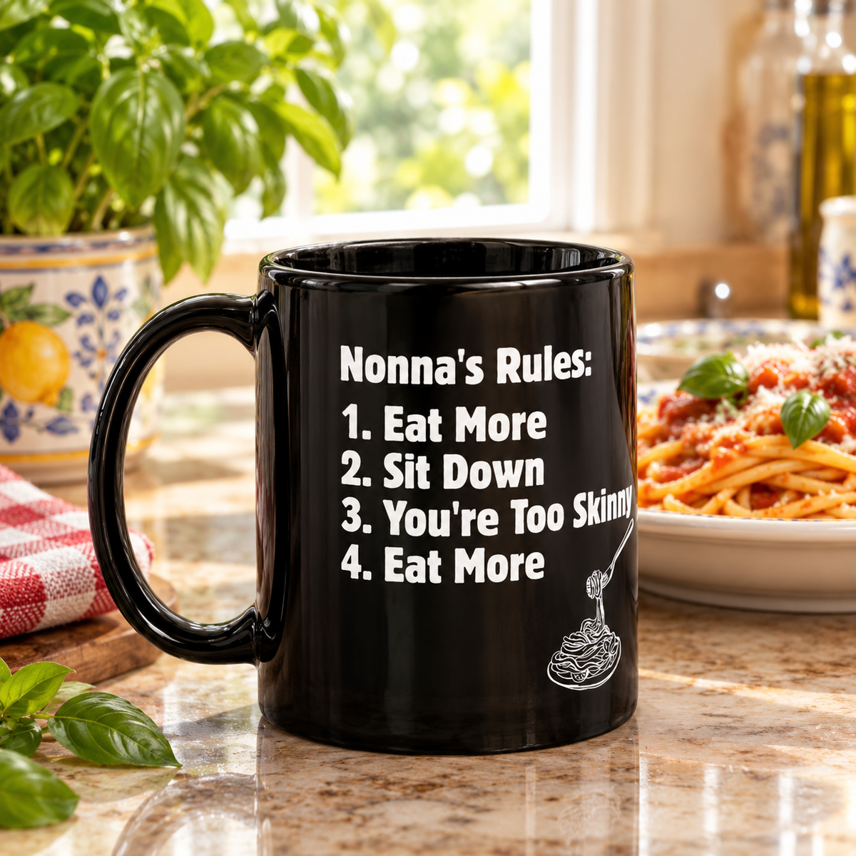 Funny Italian "Eat More" Nonna's Rules Black Glossy Mug