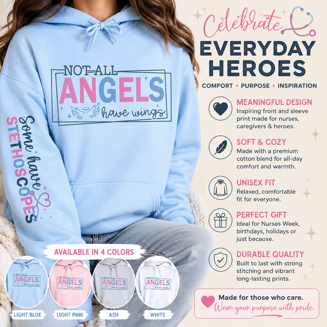 Not All Angels Have Wings Nurse Caregiver Hoodie with Stethoscope Sleeve Print