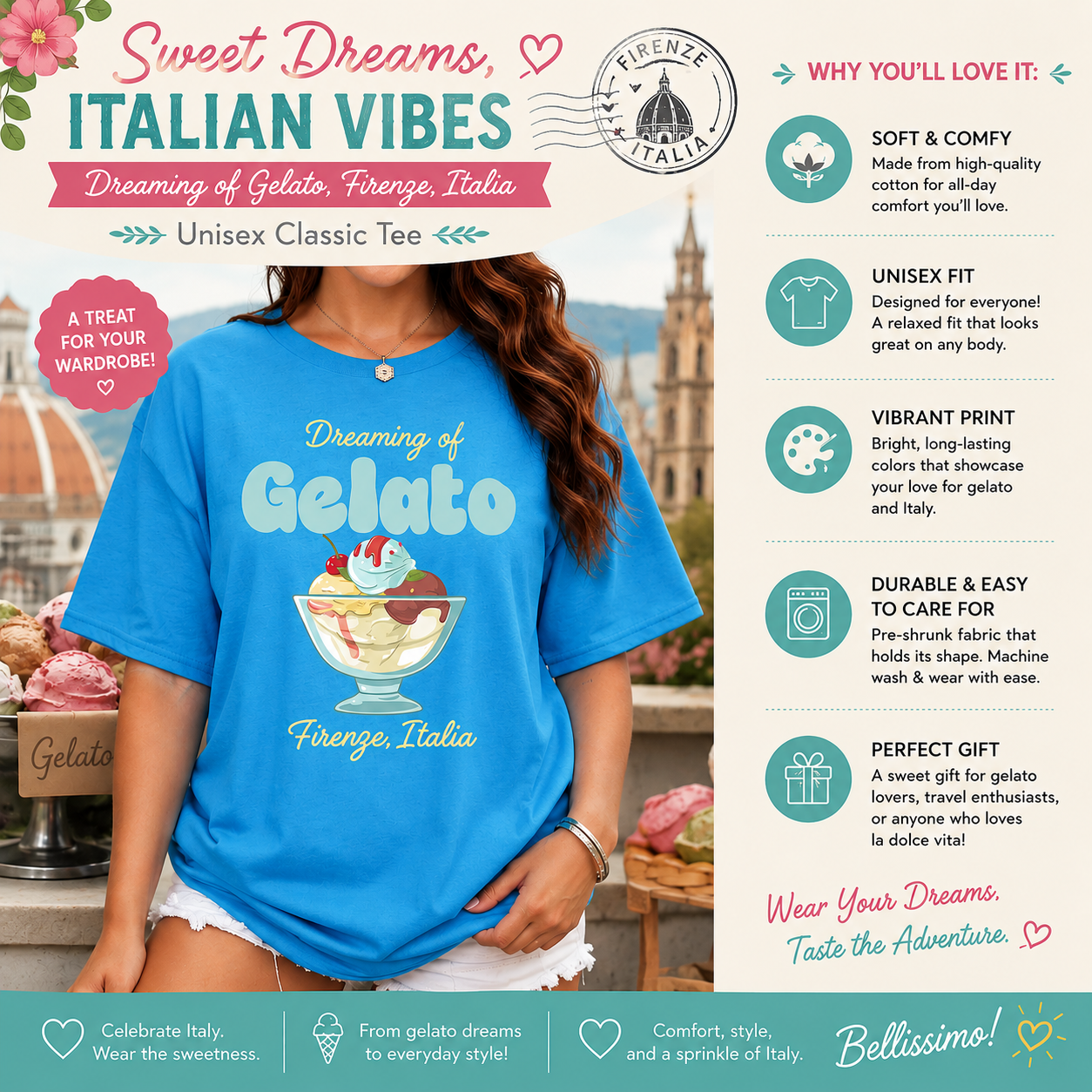 Dreaming Of Gelato, Firenze, Italia Unisex Classic Tee