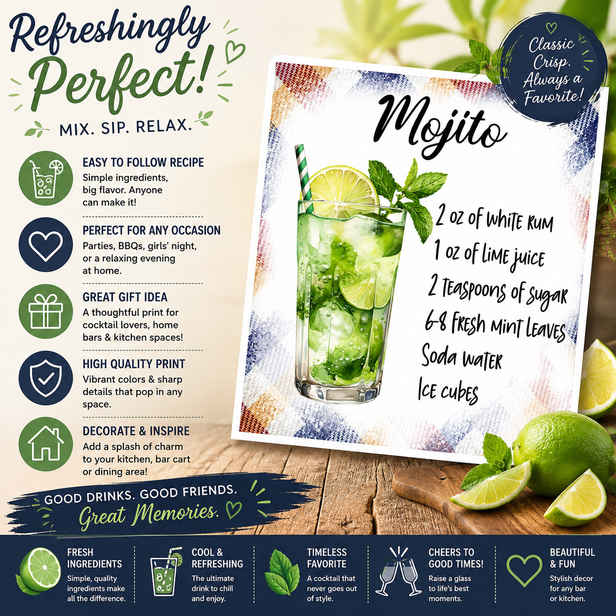 Mojito Cocktail Recipe Magnet, Cocktail Lover Gift, Mojito Recipe Magnet, Bar Decor, Fun Bar Gift