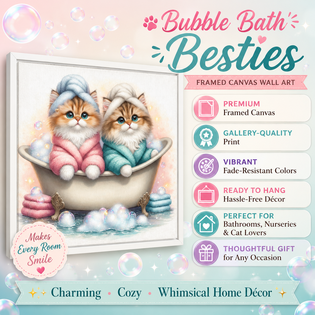 Cute Kittens Bubble Bath Framed Canvas