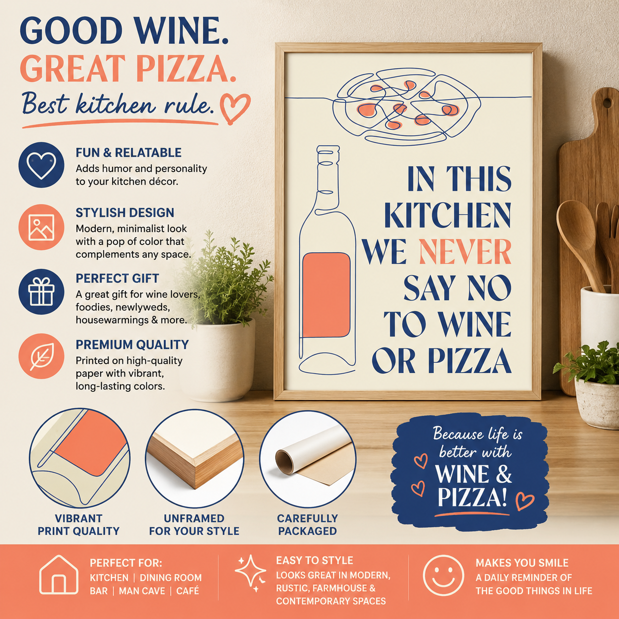 In this Kitchen we NEVER say no to Wine or Pizza Poster (unframed)