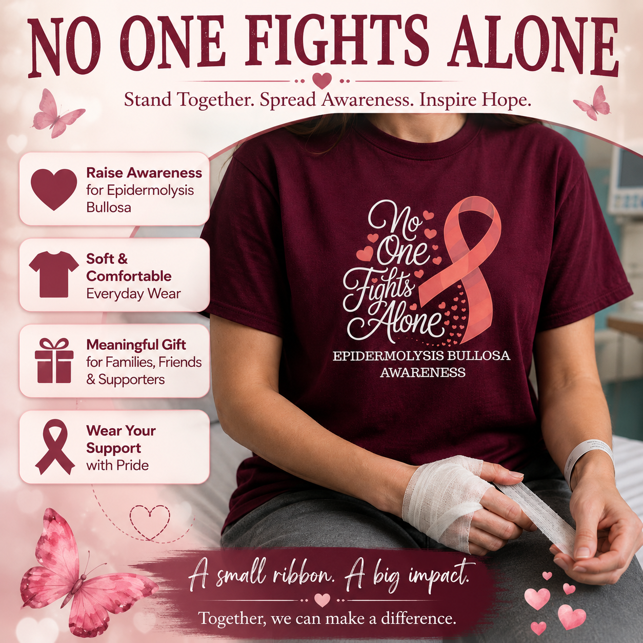 Nobody Fights Alone, Red Ribbon Epidermolysis Bullosa T-Shirt