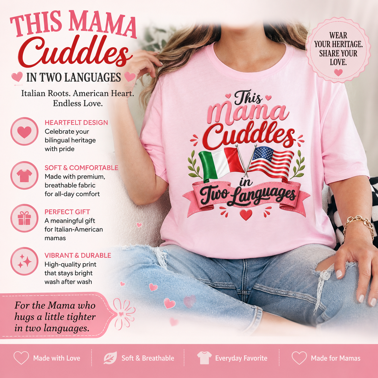 This Mama Cuddles in Two Languages Italian American Bilingual Mama T-Shirt