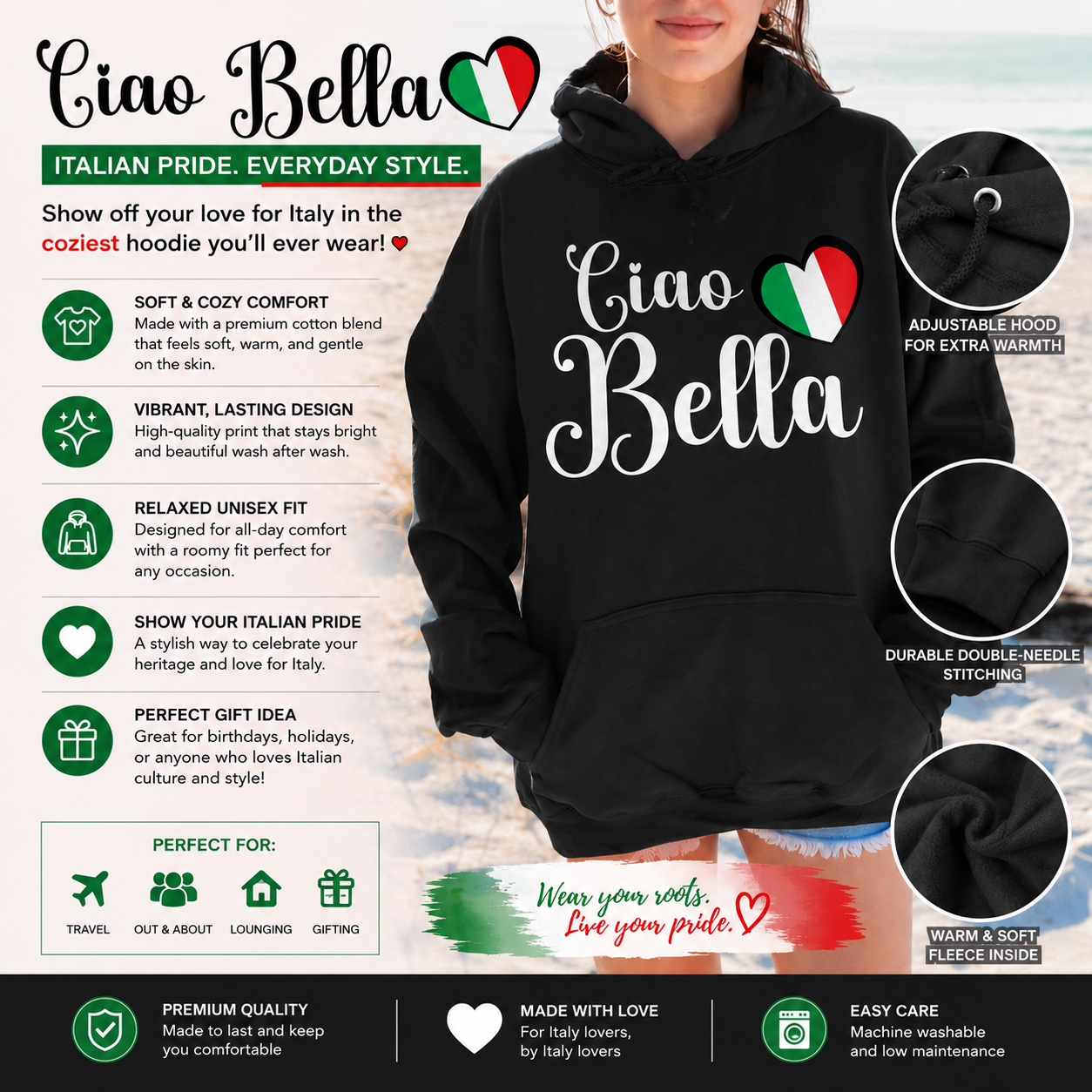 Ciao Bella Italy Flag Heart Unisex Hoodie
