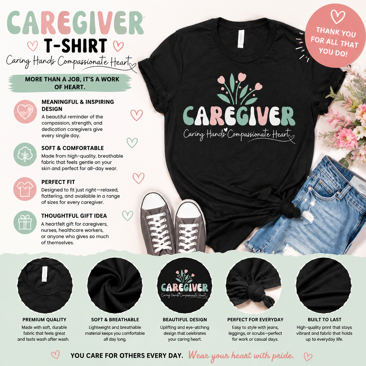 "Caregiver" Caring Hands, Compassionate Heart T-Shirt
