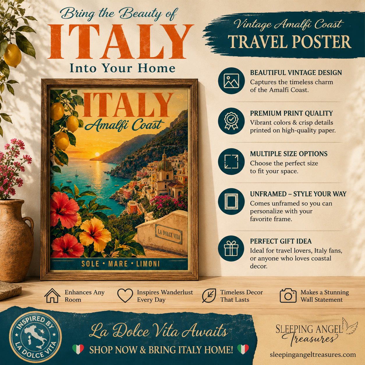 Vintage Amalfi Coast Italy Travel Poster (unframed)