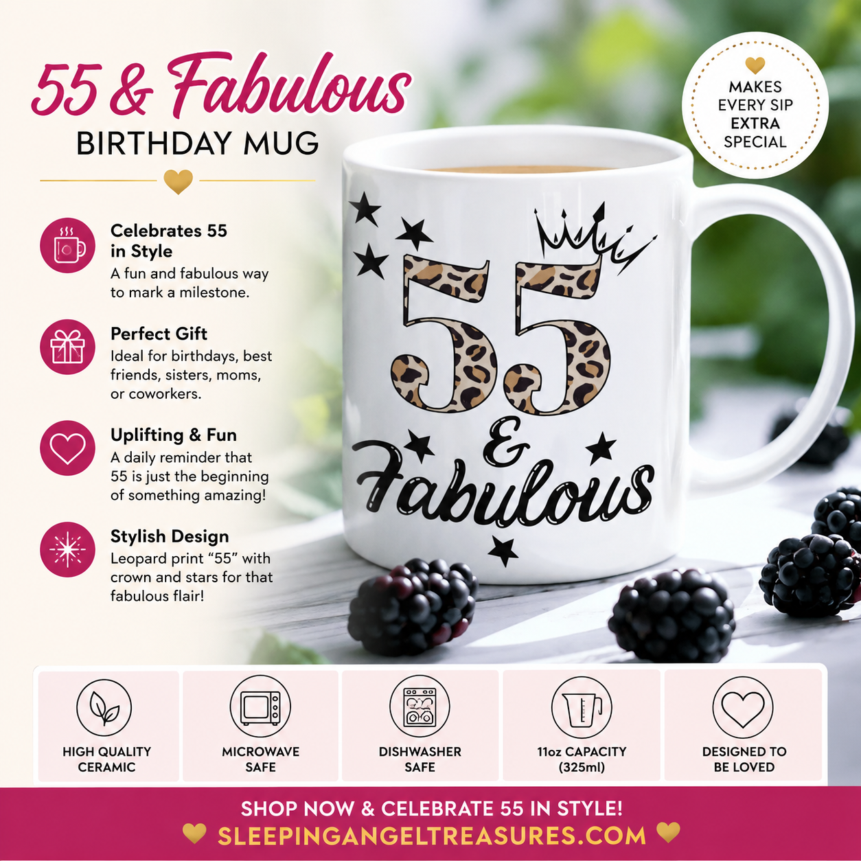55 and Fabulous White glossy mug