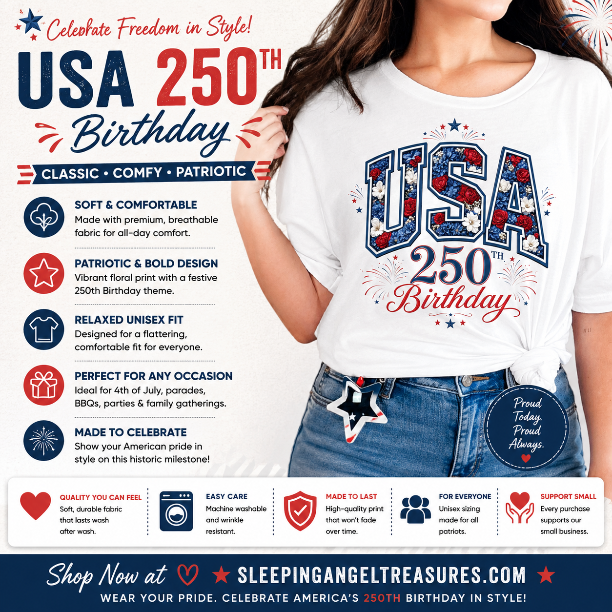 USA 250th Birthday Floral Patriotic T-Shirt