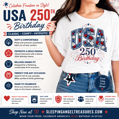 USA 250th Birthday Floral Patriotic T-Shirt