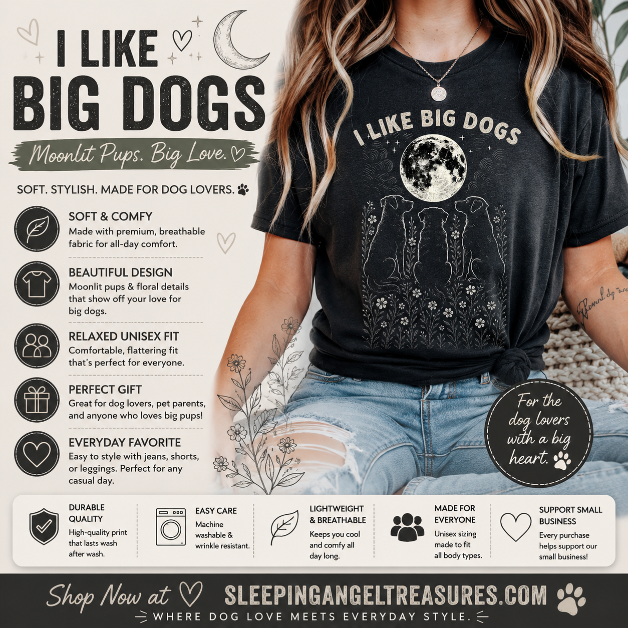 I Like Big Dogs Vintage Moon Wildflower Graphic Tee