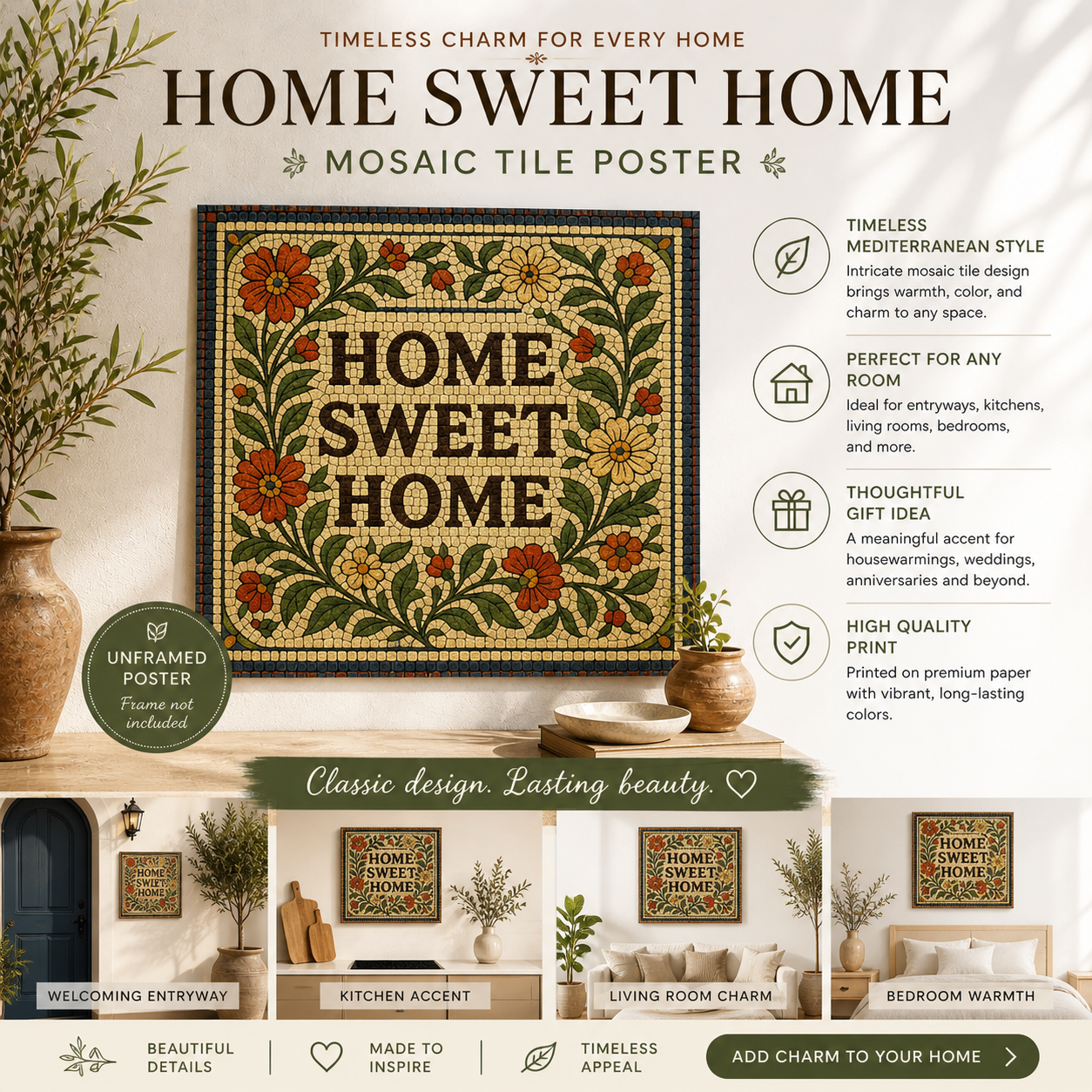 Home Sweet Home Mosaic Vintage Tile Style Floral Poster (unframed)