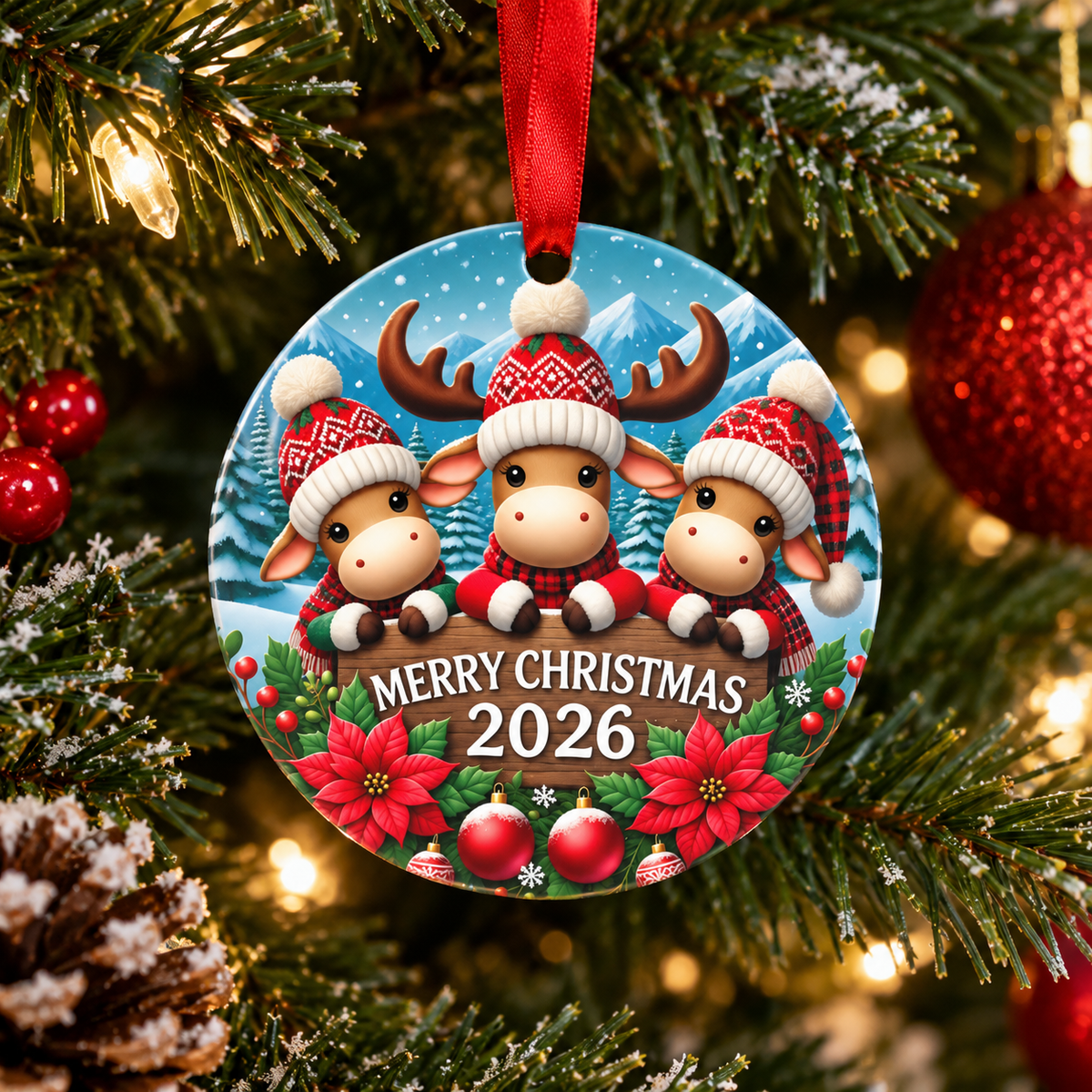Merry Christmas 2026 Cute Reindeer Trio Double Sided Metal Ornament