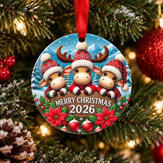 Merry Christmas 2026 Cute Reindeer Trio Double Sided Metal Ornament