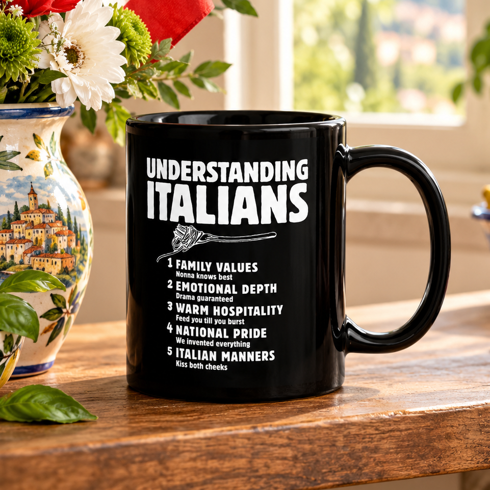 Understanding Italians Black Glossy Mug