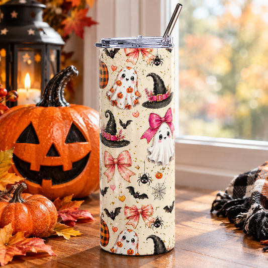 Cute Ghost & Coquette Halloween Skinny Stainless Steel Tumbler