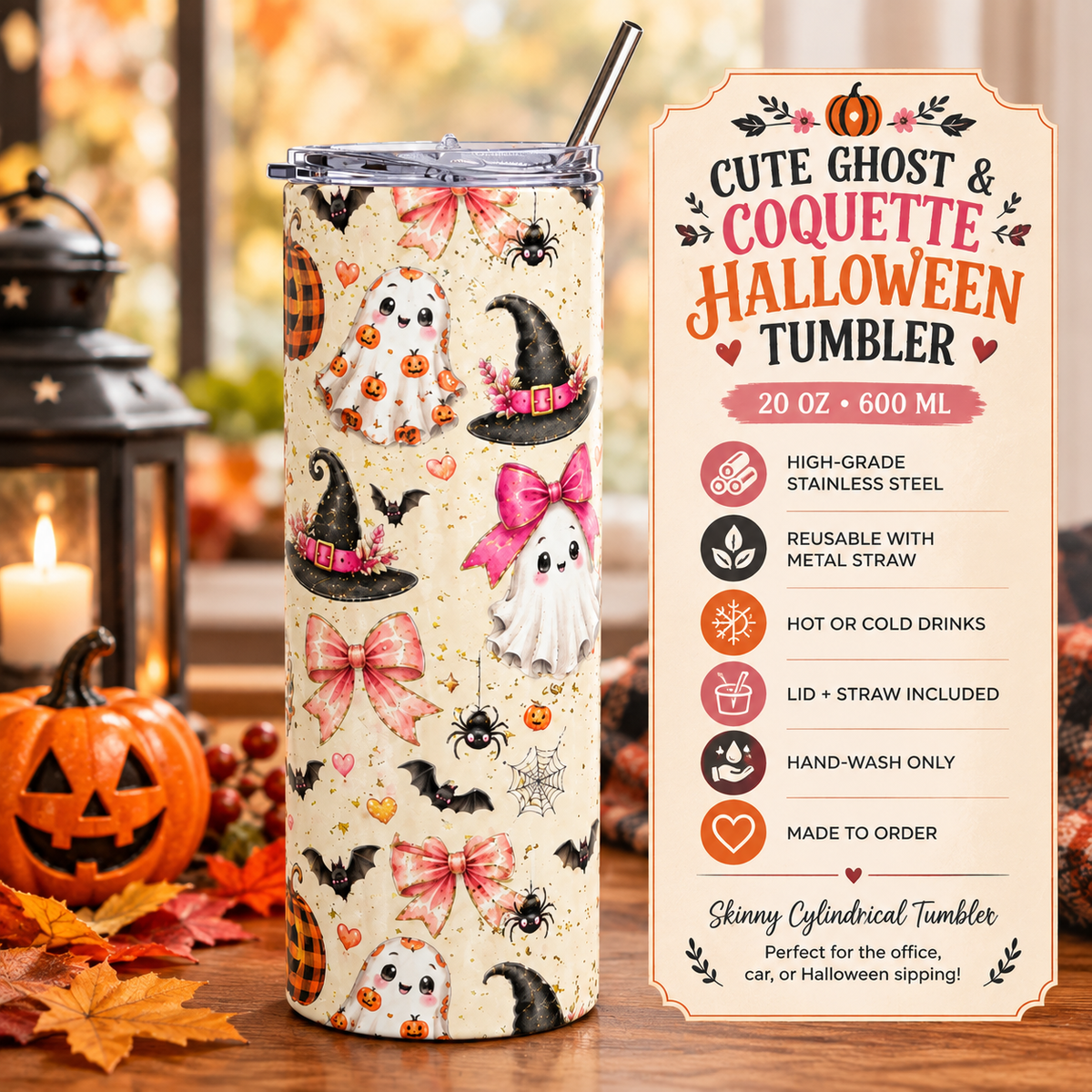 Cute Ghost & Coquette Halloween Skinny Stainless Steel Tumbler