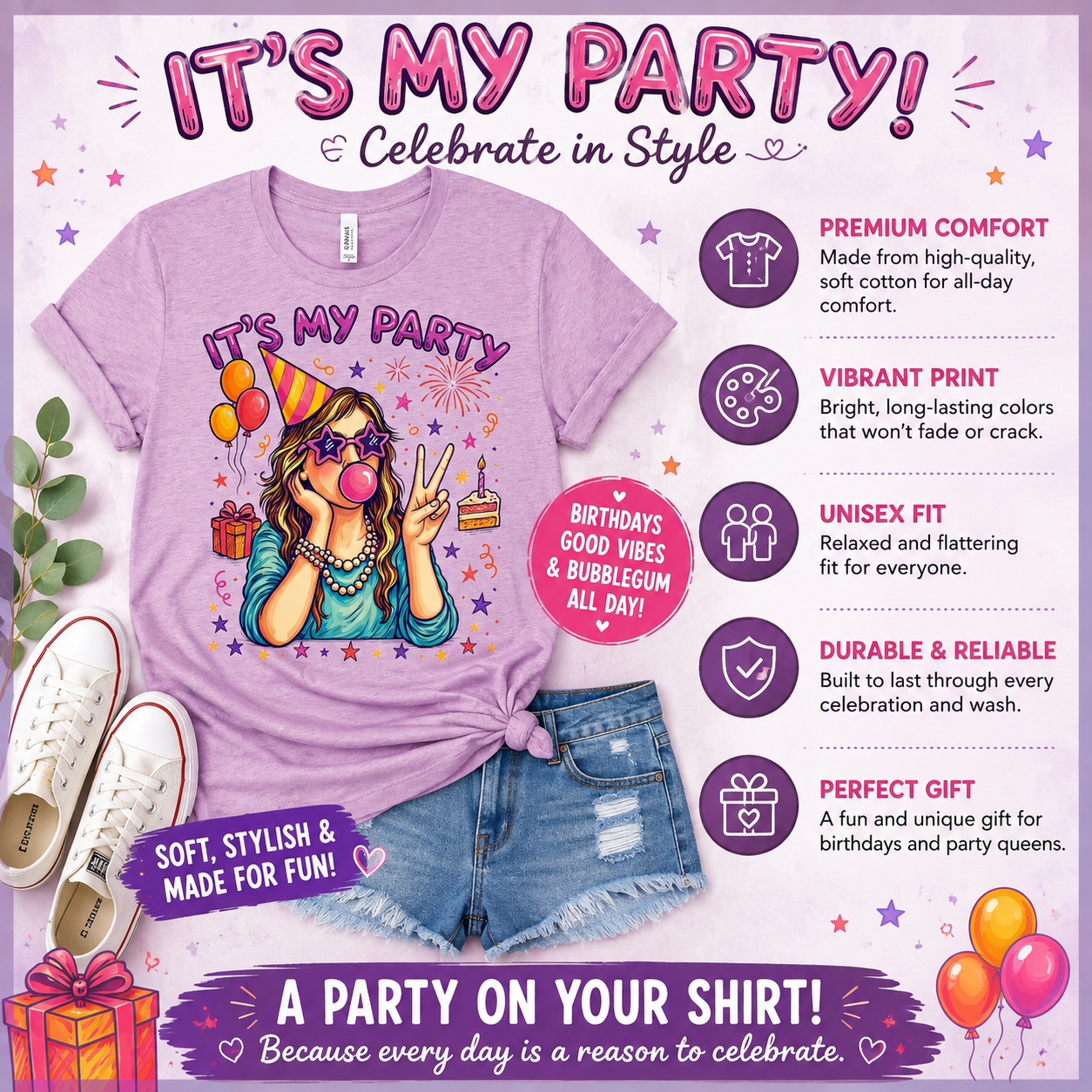 It's My Party Birthday Bubblegum Blowing Queen T-Shirt