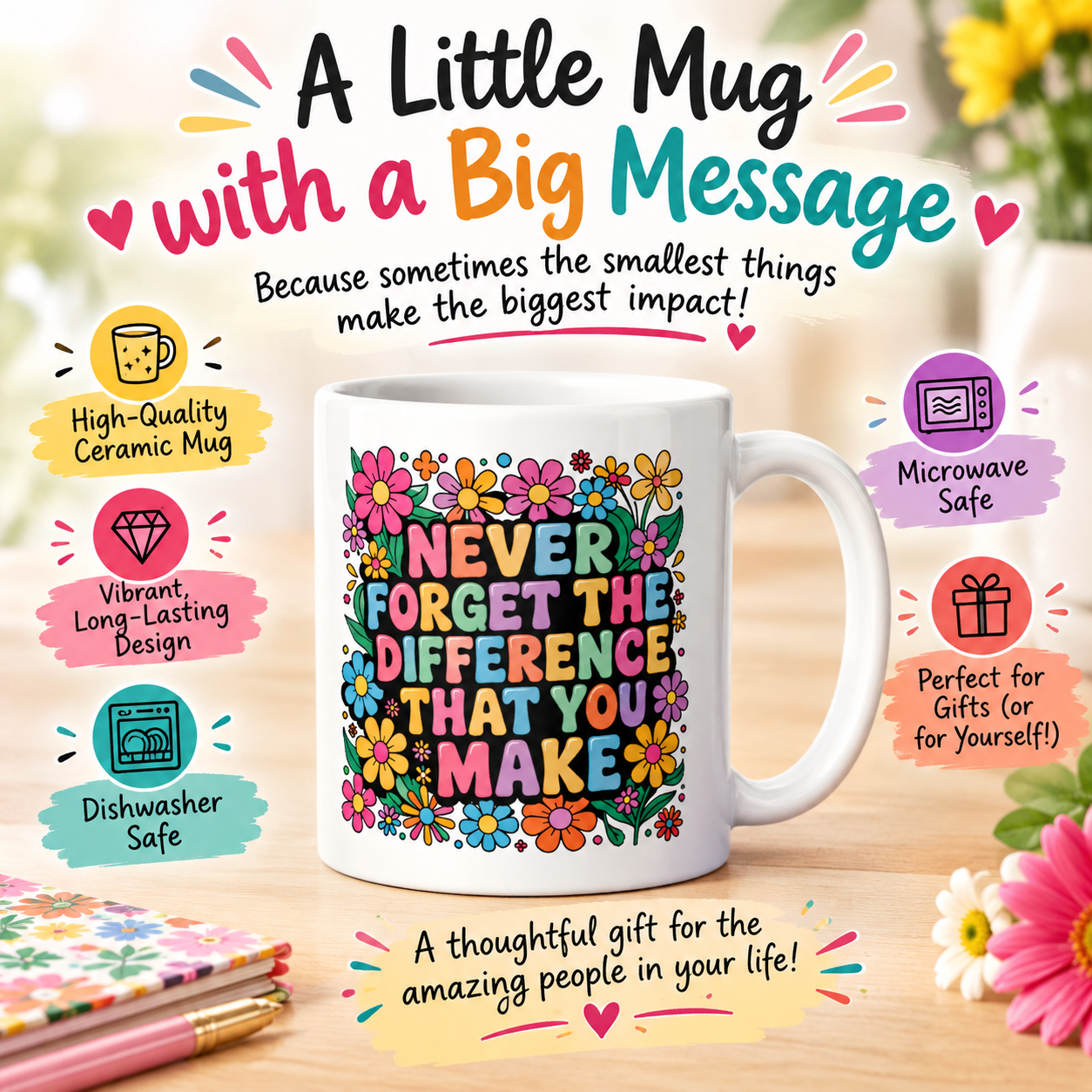 Never Forget The Difference You Make White glossy mug