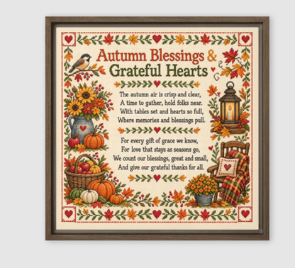 Faux Cross Stitch Fall Theme Poem Framed Canvas