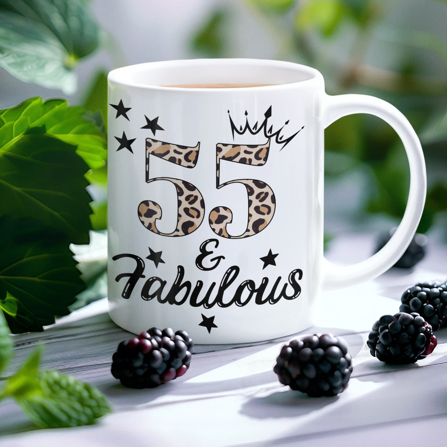 55 and Fabulous White glossy mug