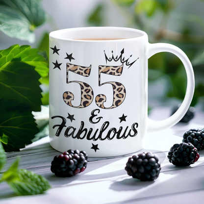 55 and Fabulous White glossy mug