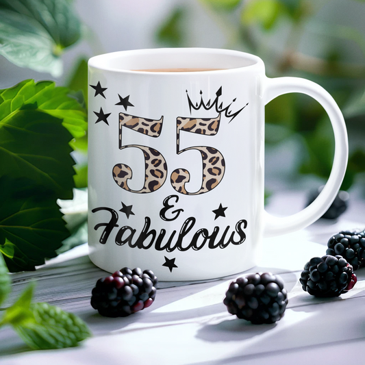 55 and Fabulous White glossy mug