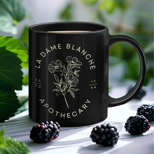 La Dame Blanche Apothecary Black Glossy Mug (design on both sides)