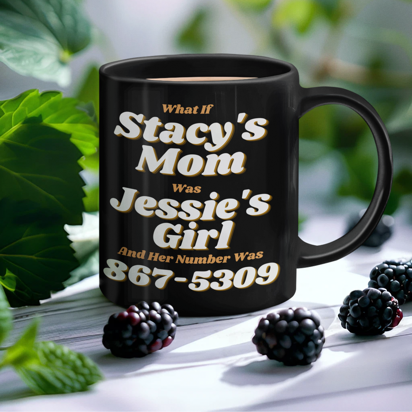 Funny 80s Retro Stacy’s Mom & Jessie’s Girl Black Glossy Mug