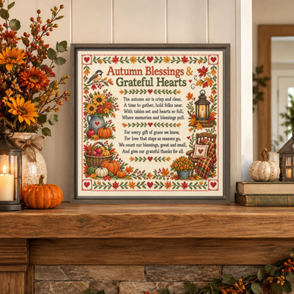 Faux Cross Stitch Fall Theme Poem Framed Canvas