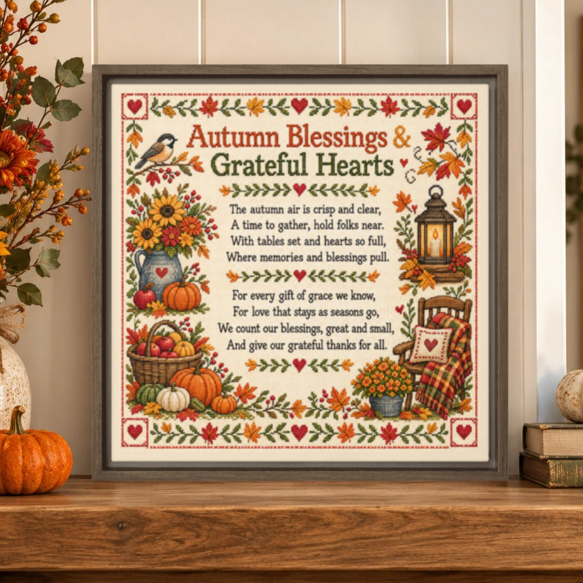 Faux Cross Stitch Fall Theme Poem Framed Canvas