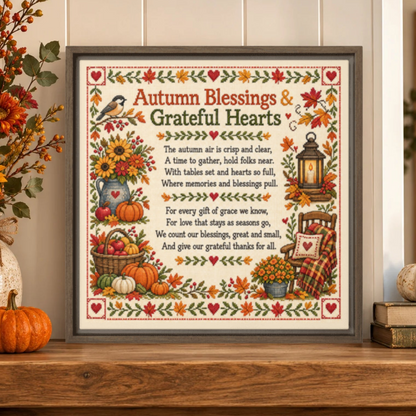 Faux Cross Stitch Fall Theme Poem Framed Canvas