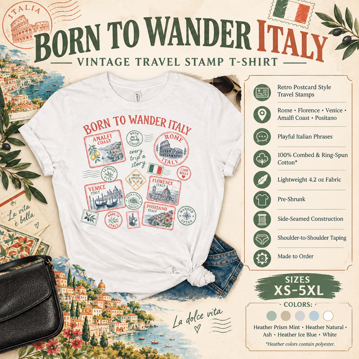 Born To Wander Italy Vintage Travel Stamp T-shirt