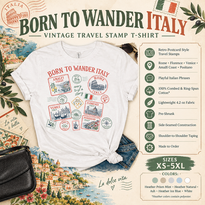 Born To Wander Italy Vintage Travel Stamp T-shirt
