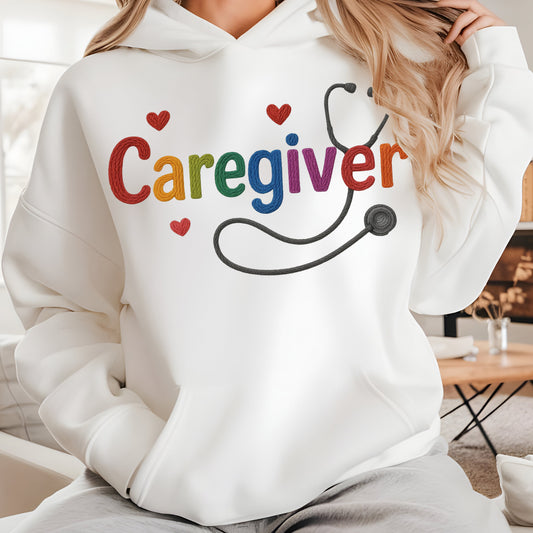 Colorful Caregiver Hoodie with Faux Yarn Embroidery
