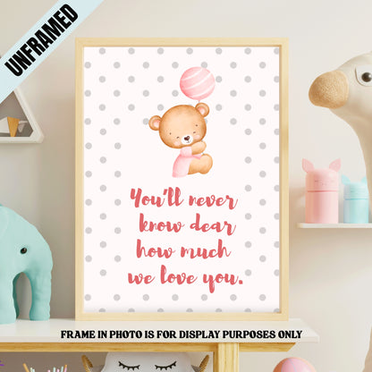 Pink Bear Balloon Baby Girl Nursery Poster (Unframed)