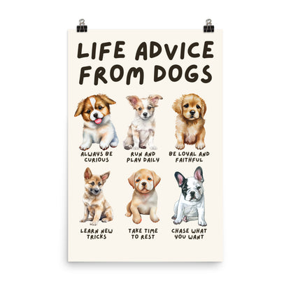 Life Advice from Dogs Poster, Dog Wisdom Wall Art, Dog Lovers Gift, Canine Wisdom Home Decor UNFRAMED