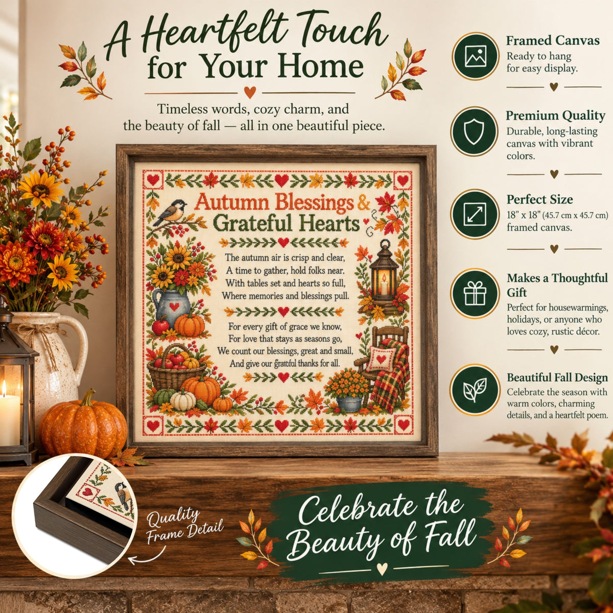 Faux Cross Stitch Fall Theme Poem Framed Canvas